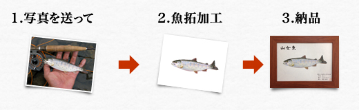 1. 写真を送って / 2. 魚拓加工 / 3. 納品